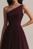 Burgundy A Line One Shoulder Long Evening Dress