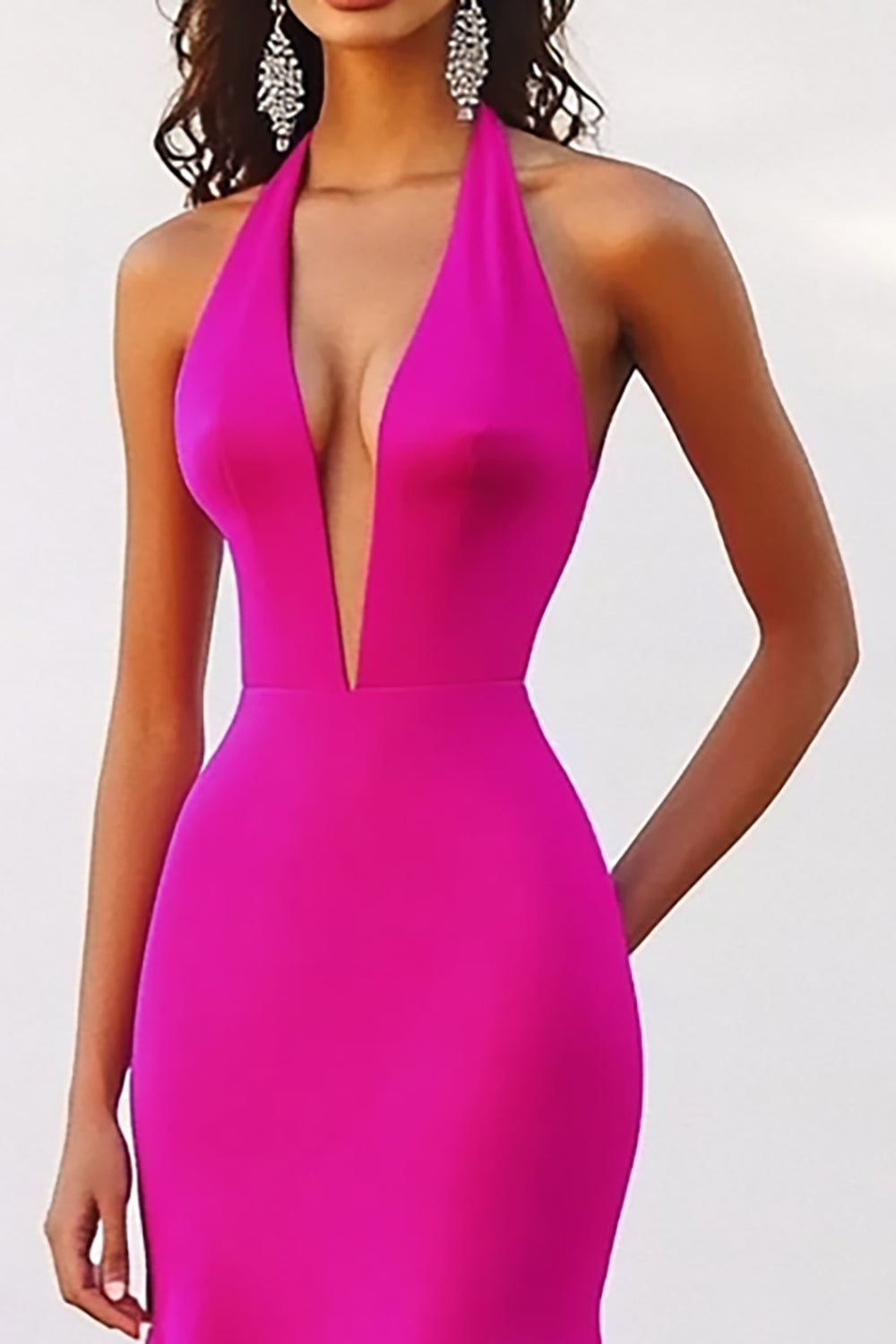 Deep V Neck Halter Mermaid Fuchsia Evening Dress