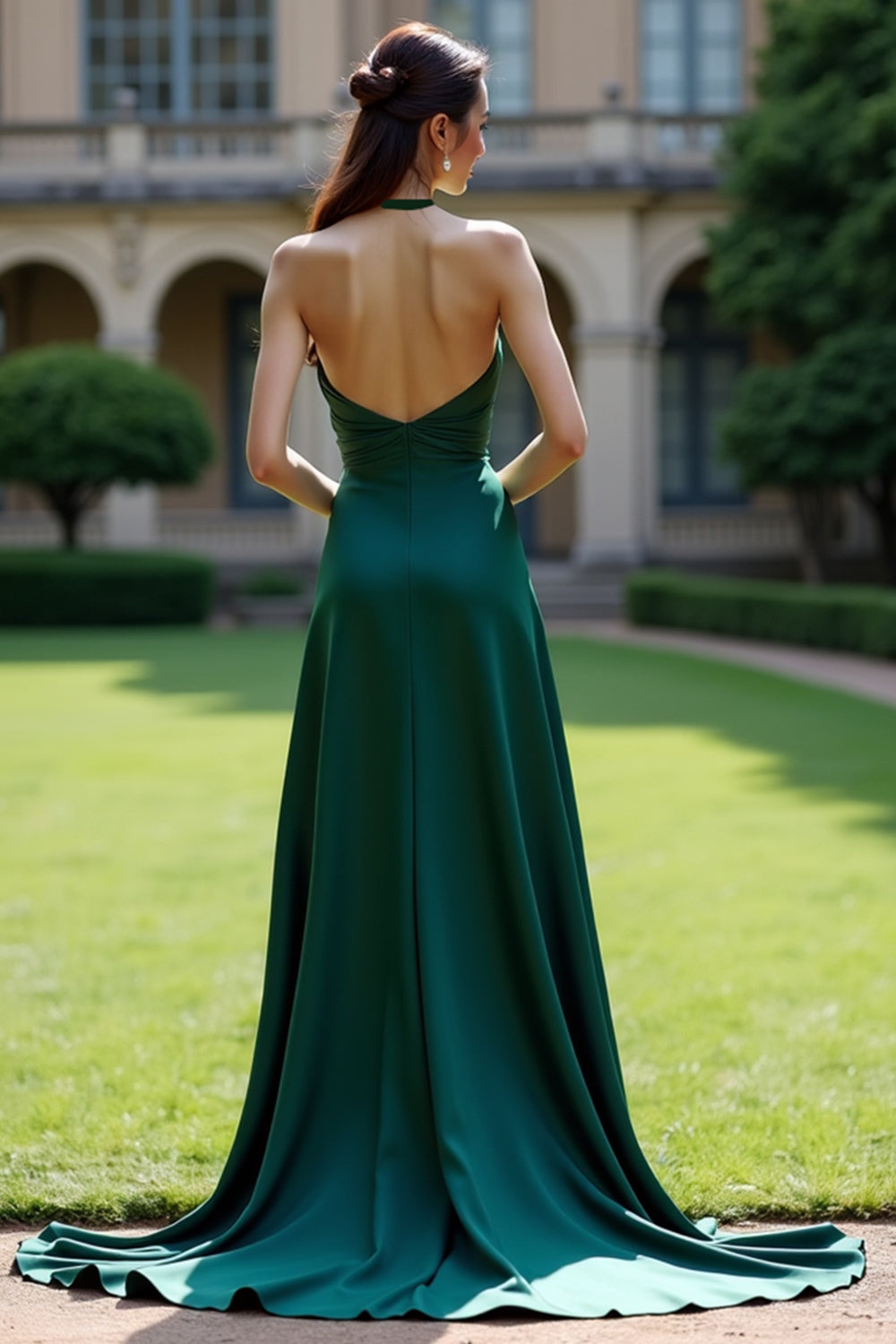 Dark Green Halter Satin A Line Evening Dress with Slit