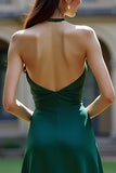 Dark Green Halter Satin A Line Evening Dress with Slit