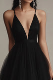 Black A Line V Neck Long Evening Dress With Slit