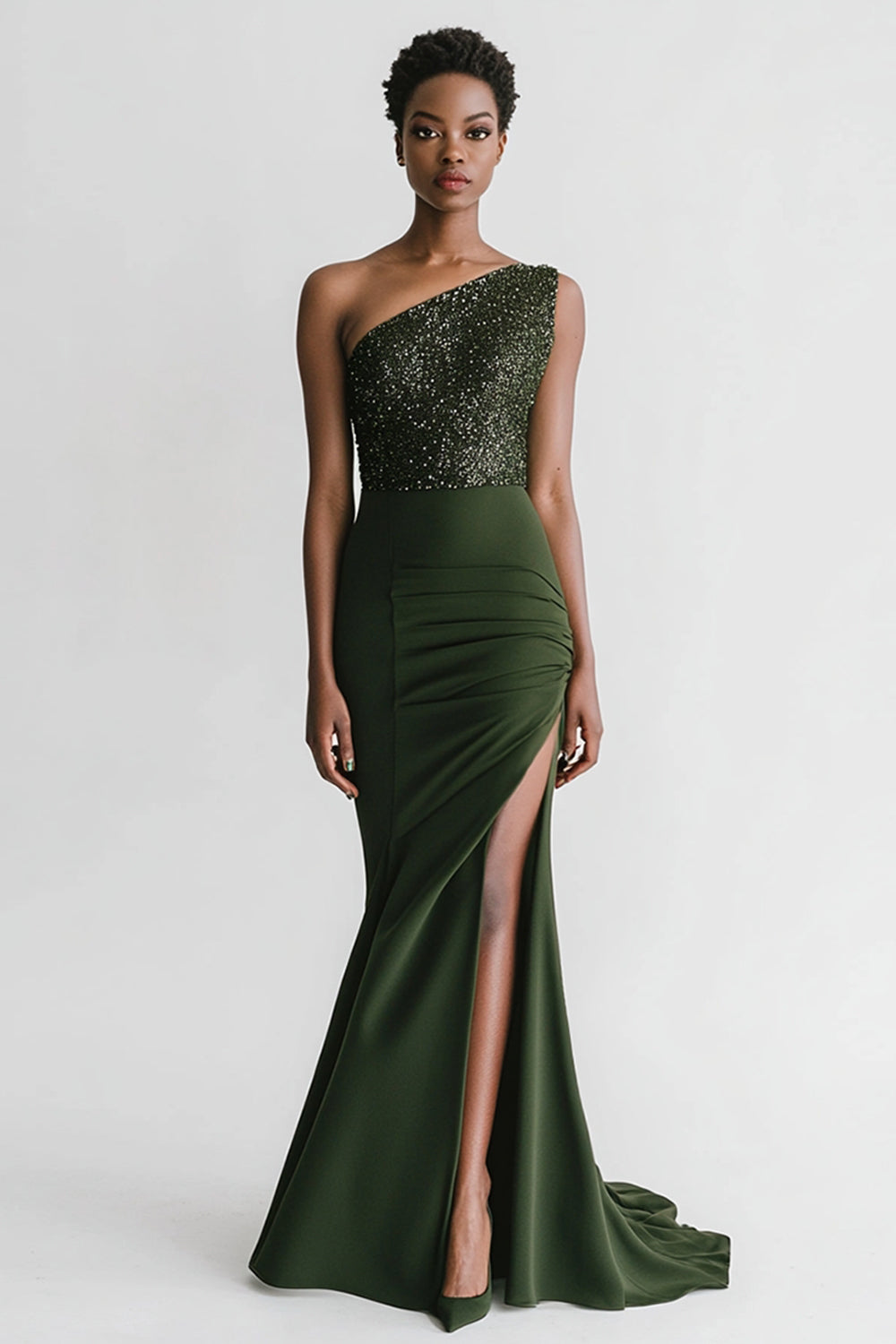 Sparkly Olive Satin One Shoulder Mermaid Long Evening Dress with Slit