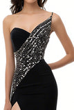 Sparkly Black A Line One Shoulder Long Evening Dress with Slit