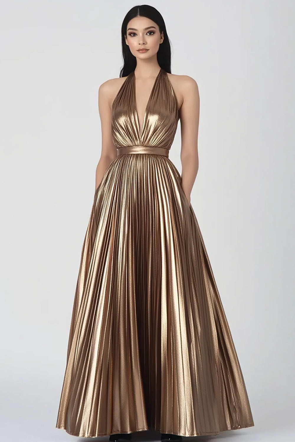 Gold A Line Pleated Long Evening Dress