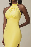 Yellow Satin Halter Mermaid Long Evening Dress with Slit