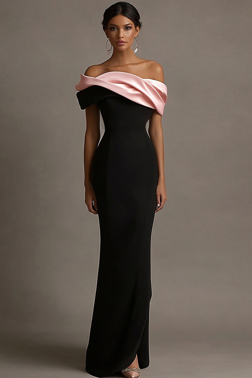 Black and Pink Off the Shoulder Ruffled Sheath Long Evening Dress