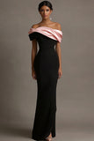 Black and Pink Off the Shoulder Ruffled Sheath Long Evening Dress