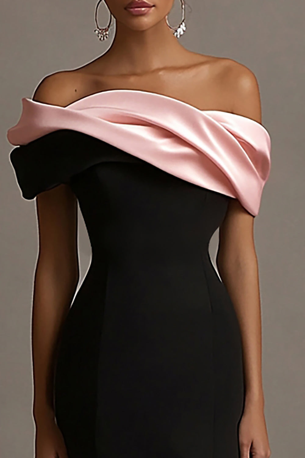 Black and Pink Off the Shoulder Ruffled Sheath Long Evening Dress
