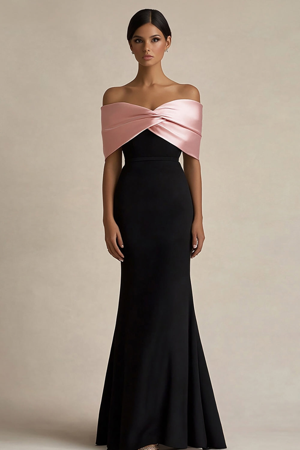 Black and Pink Sheath Off the Shoulder Satin Long Evening Dress