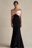 Black and Pink Sheath Off the Shoulder Satin Long Evening Dress