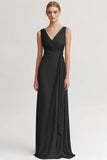 Black V Neck Sheath Ruched Evening Dress