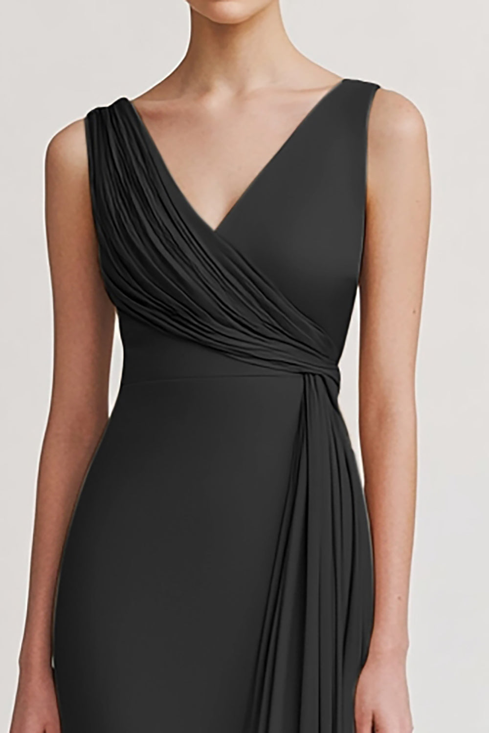 Black V Neck Sheath Ruched Evening Dress