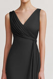 Black V Neck Sheath Ruched Evening Dress