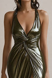 Olive Metallic Ruched Mermaid Evening Dress with Slit