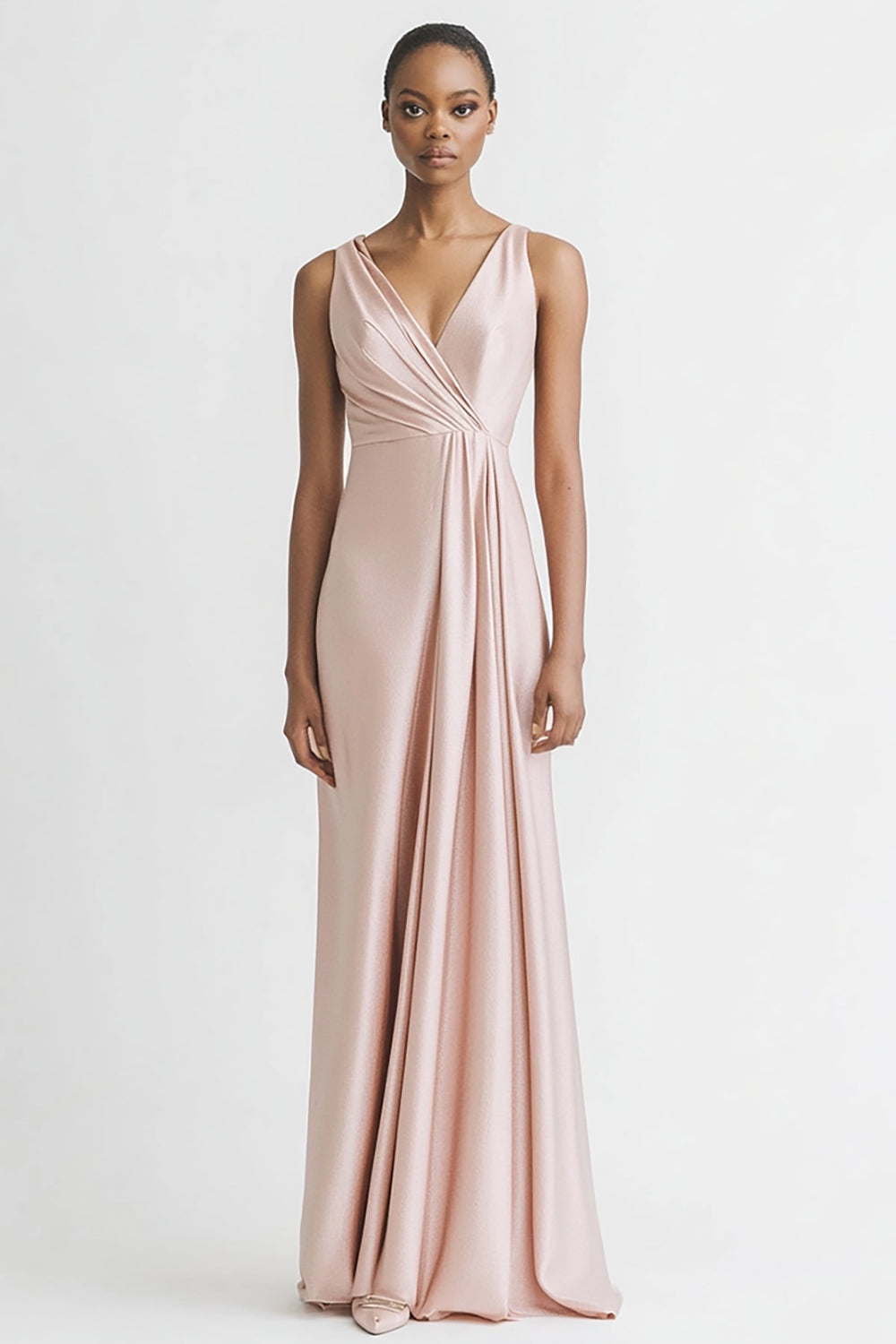 Pink V Neck Sheath Satin Long Evening Dress