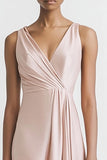 Pink V Neck Sheath Satin Long Evening Dress
