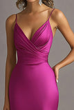 Fuchsia V Neck Sheath Ruched Long Evening Dress