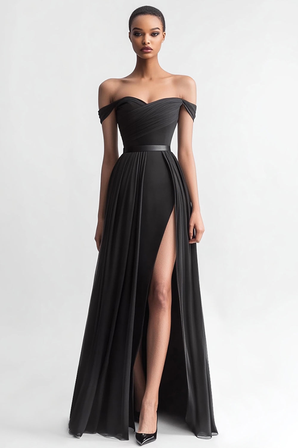 Off The Shoulder Black A Line Evening Dress with Slit