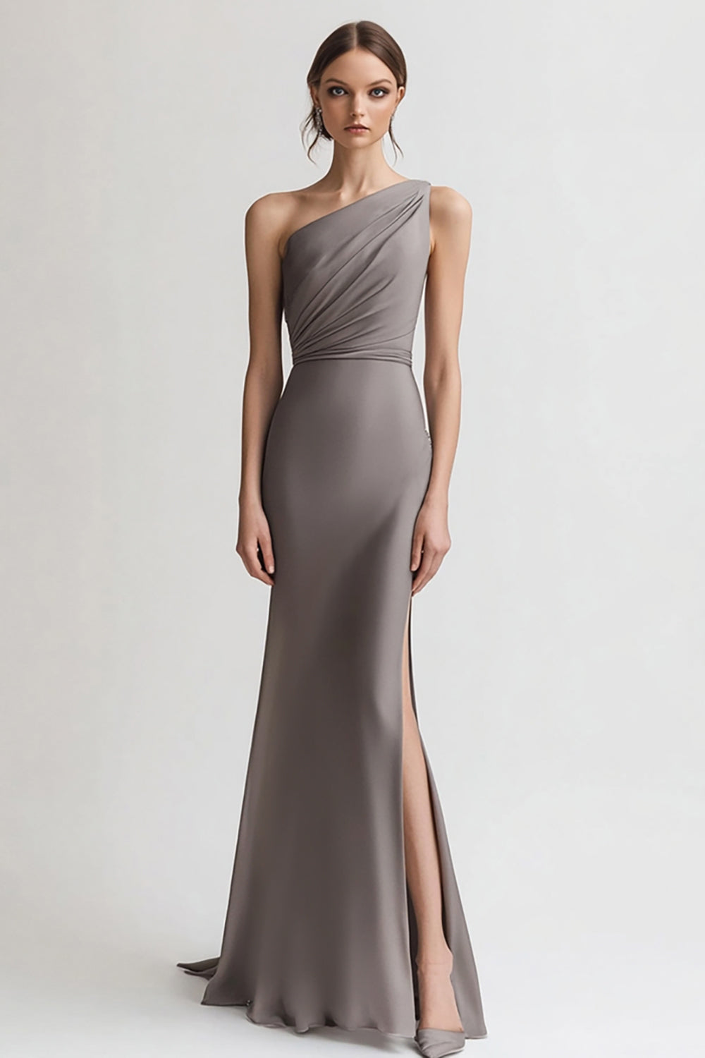 One Shoulder Grey Sheath Evening Dress with Slit