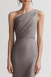 One Shoulder Grey Sheath Evening Dress with Slit