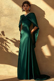 Dark Green Sheath Satin Evening Dress with Cape