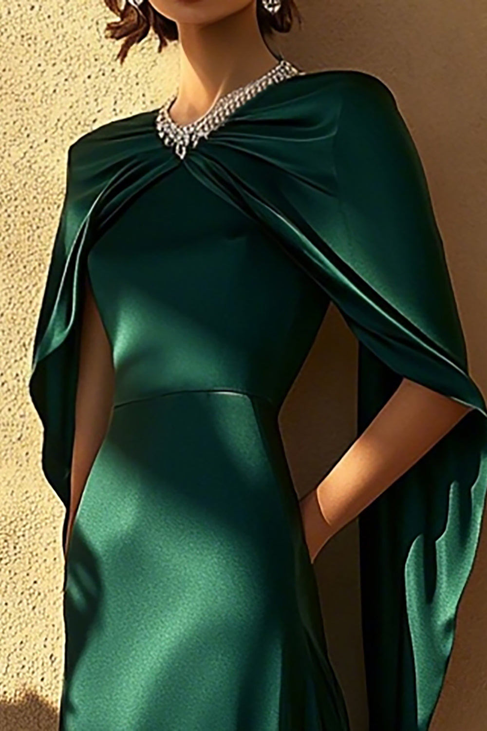 Dark Green Sheath Satin Evening Dress with Cape