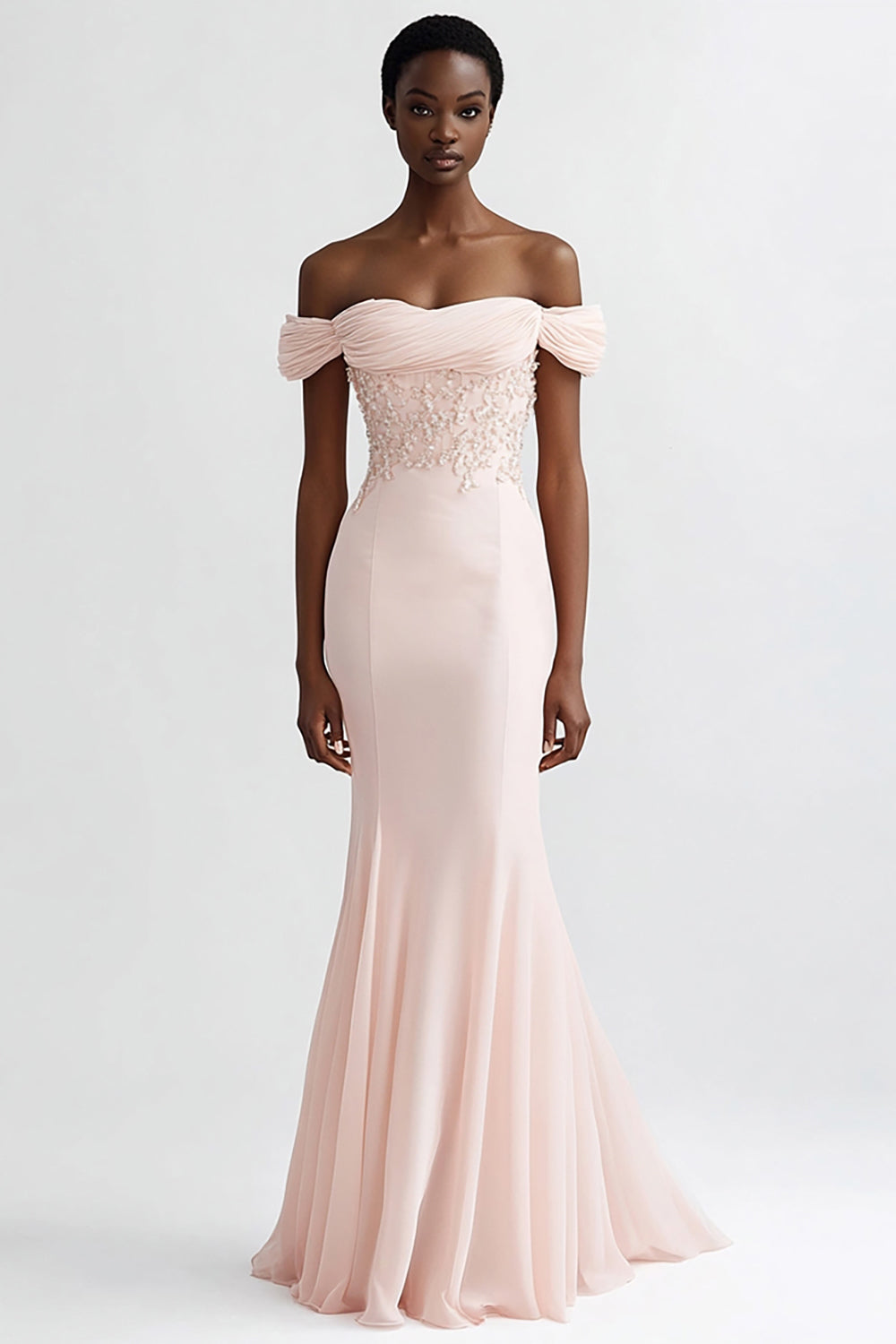 Off The Shoulder Mermaid Pink Appliqued Evening Dress