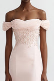 Off The Shoulder Mermaid Pink Appliqued Evening Dress