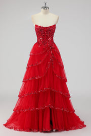 Sparkly Dark Red A Line Strapless Tiered Sequins Corset Prom Dress
