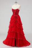 Sparkly Dark Red A Line Strapless Tiered Sequins Corset Prom Dress