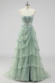 Sparkly Sage Green A Line Strapless Tiered Sequins Corset Prom Dress