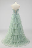 Sparkly Sage Green A Line Strapless Tiered Sequins Corset Prom Dress