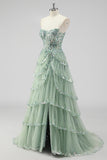 Sparkly Sage Green A Line Strapless Tiered Sequins Corset Prom Dress