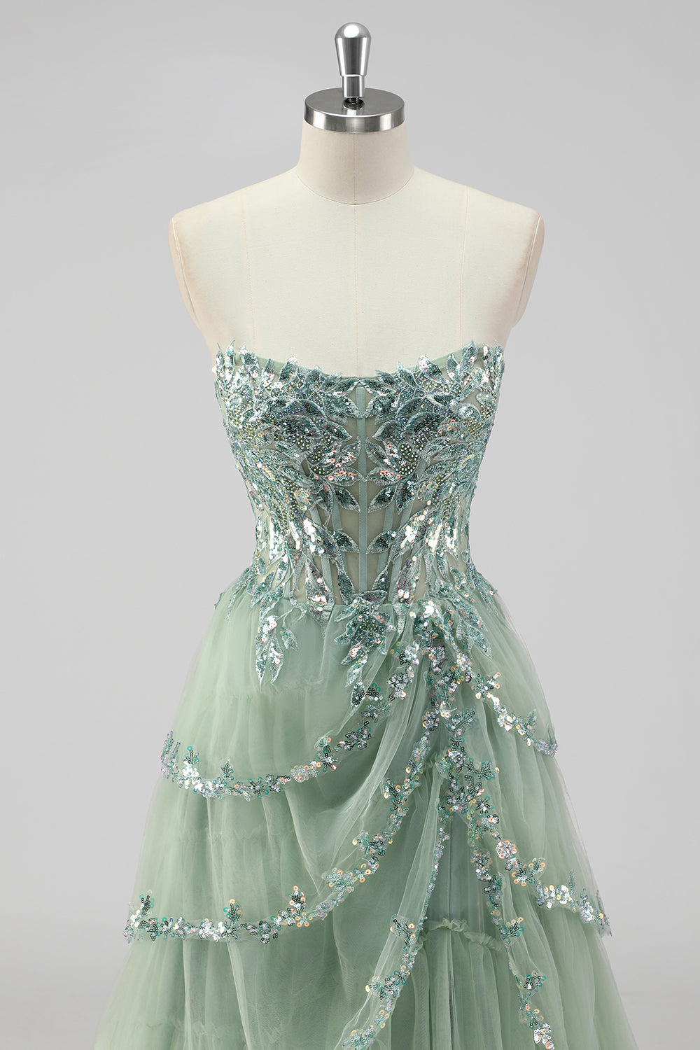 Sparkly Sage Green A Line Strapless Tiered Sequins Corset Prom Dress