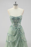 Sparkly Sage Green A Line Strapless Tiered Sequins Corset Prom Dress