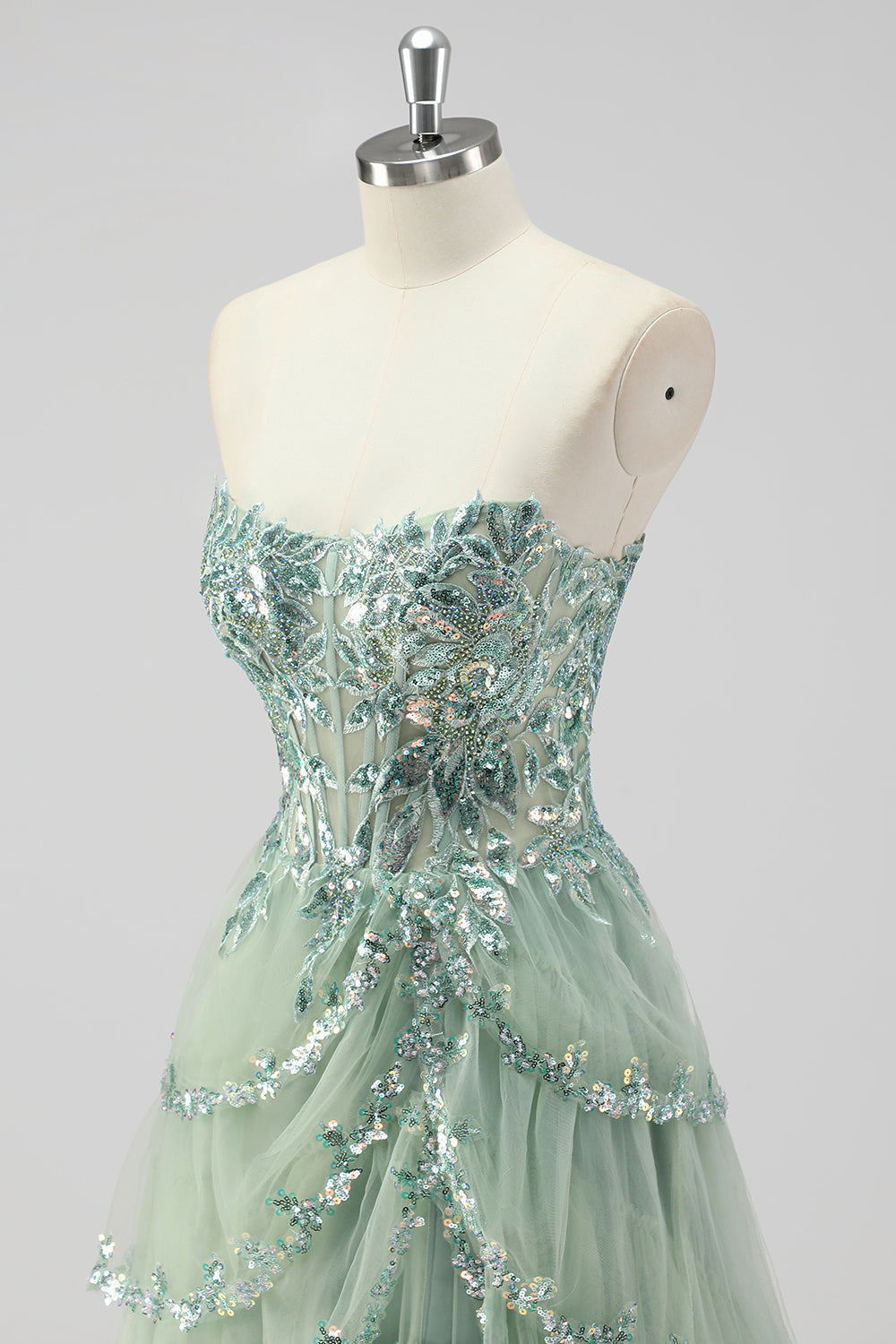 Sparkly Sage Green A Line Strapless Tiered Sequins Corset Prom Dress