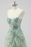 Sparkly Sage Green A Line Strapless Tiered Sequins Corset Prom Dress