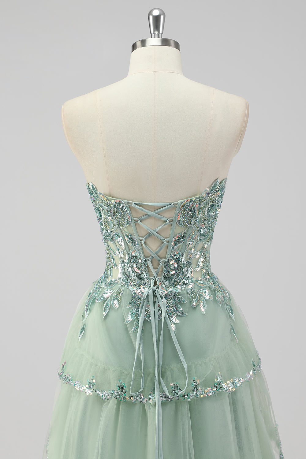 Sparkly Sage Green A Line Strapless Tiered Sequins Corset Prom Dress