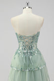 Sparkly Sage Green A Line Strapless Tiered Sequins Corset Prom Dress