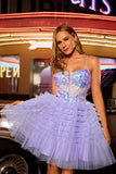 Sparkly Purple A Line Corset Tulle Tiered Short Prom Dress