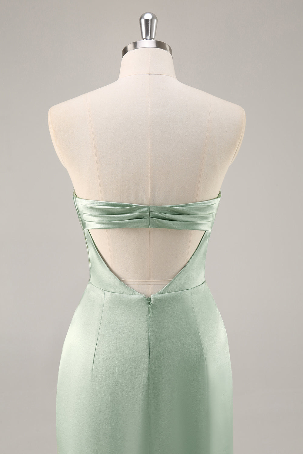 Sage Green Sheath Strapless Satin Pleated Floor Length Bridesmaid Dress with Slit