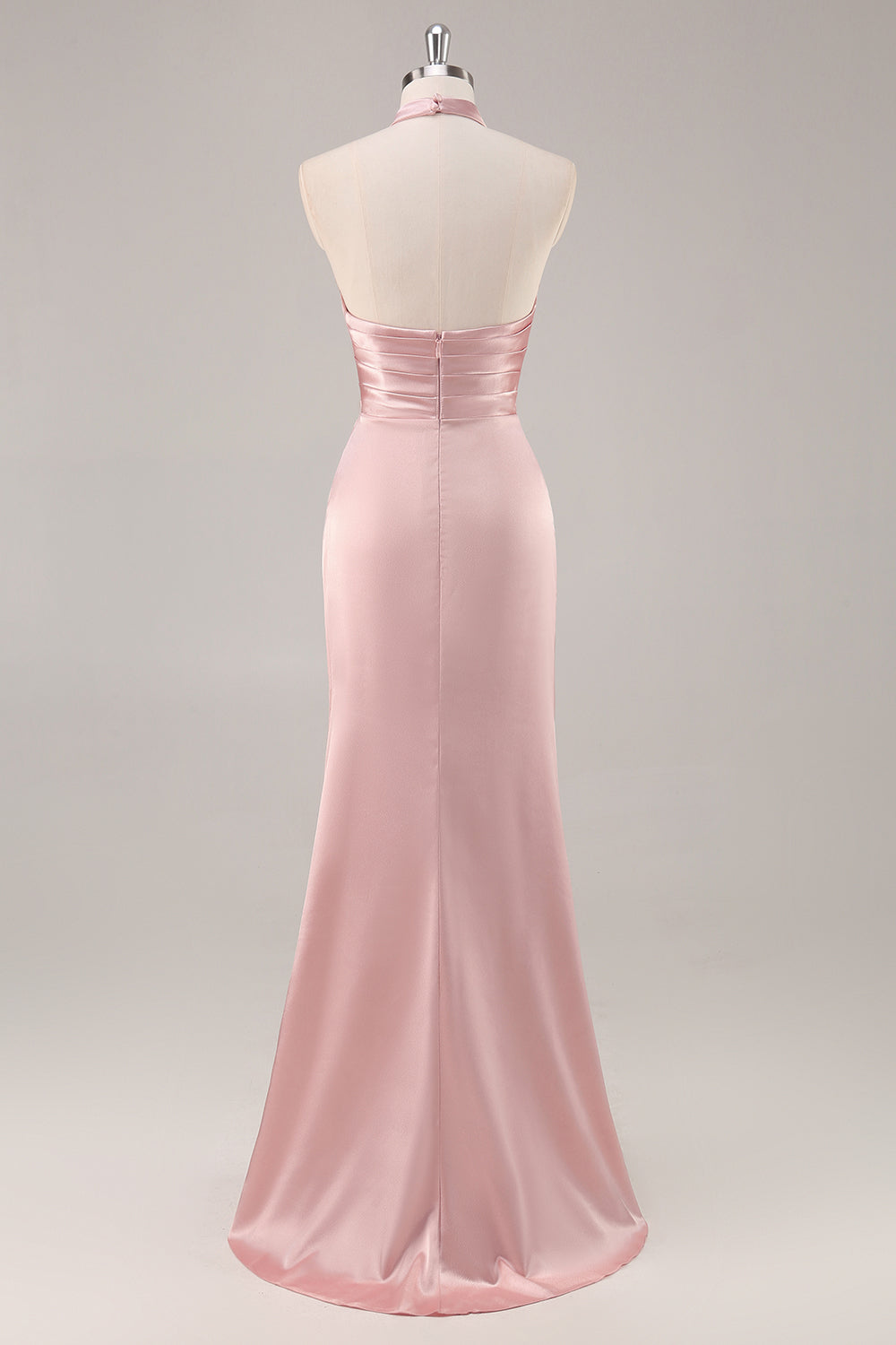 Sage Green Sheath Satin Ruched Backless Long Bridesmaid Dress with Slit