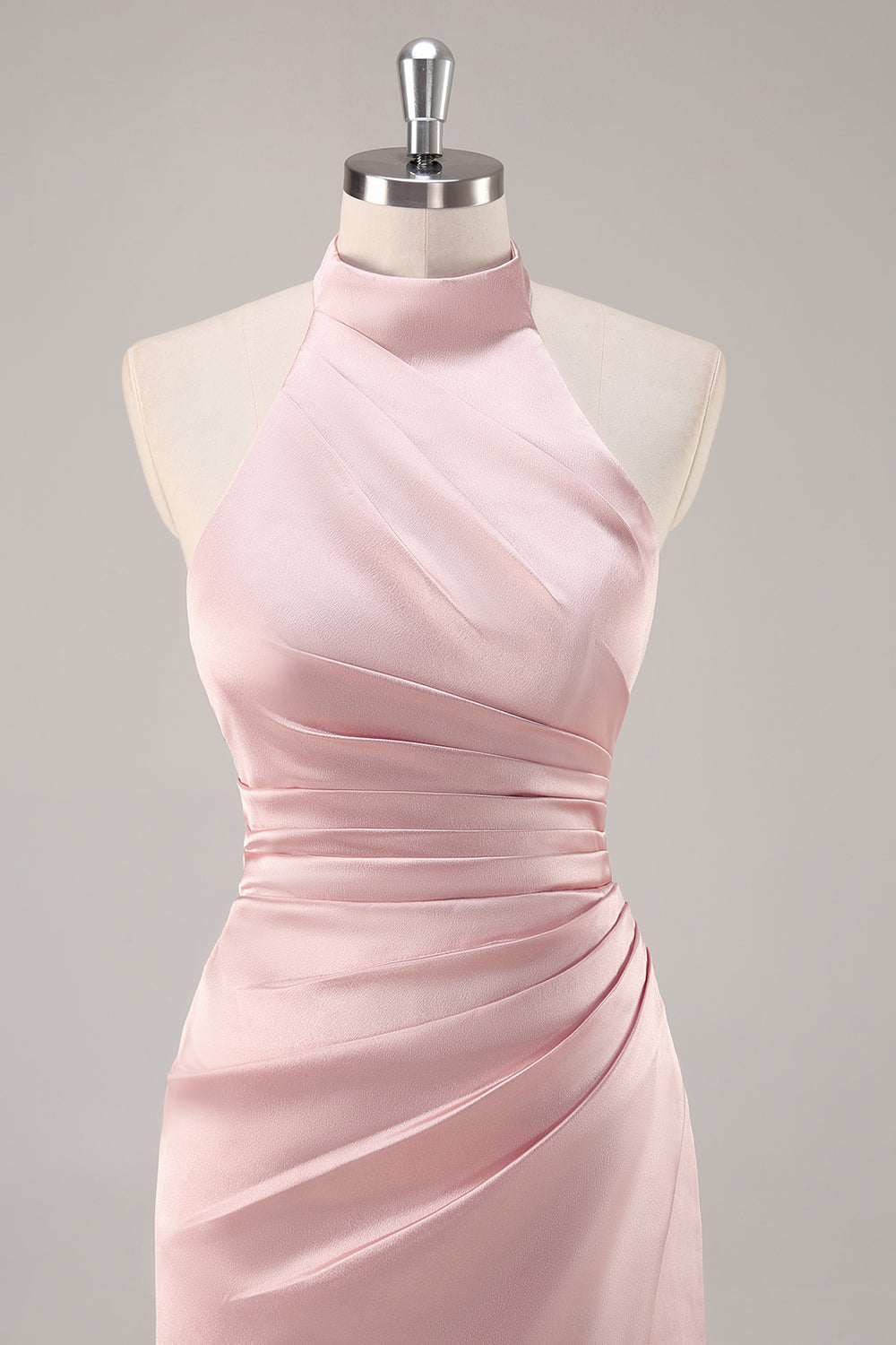 Blush Sheath Halter Satin Pleated Open Back Long Bridesmaid Dress with Slit