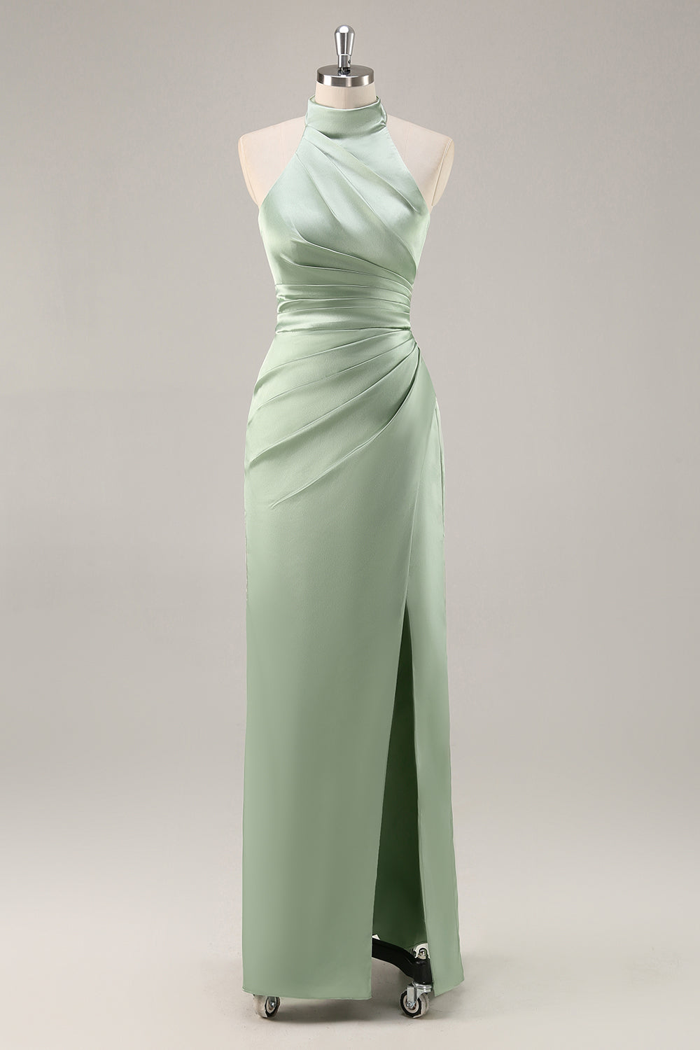 Sage Green Sheath Satin Ruched Backless Long Bridesmaid Dress with Slit