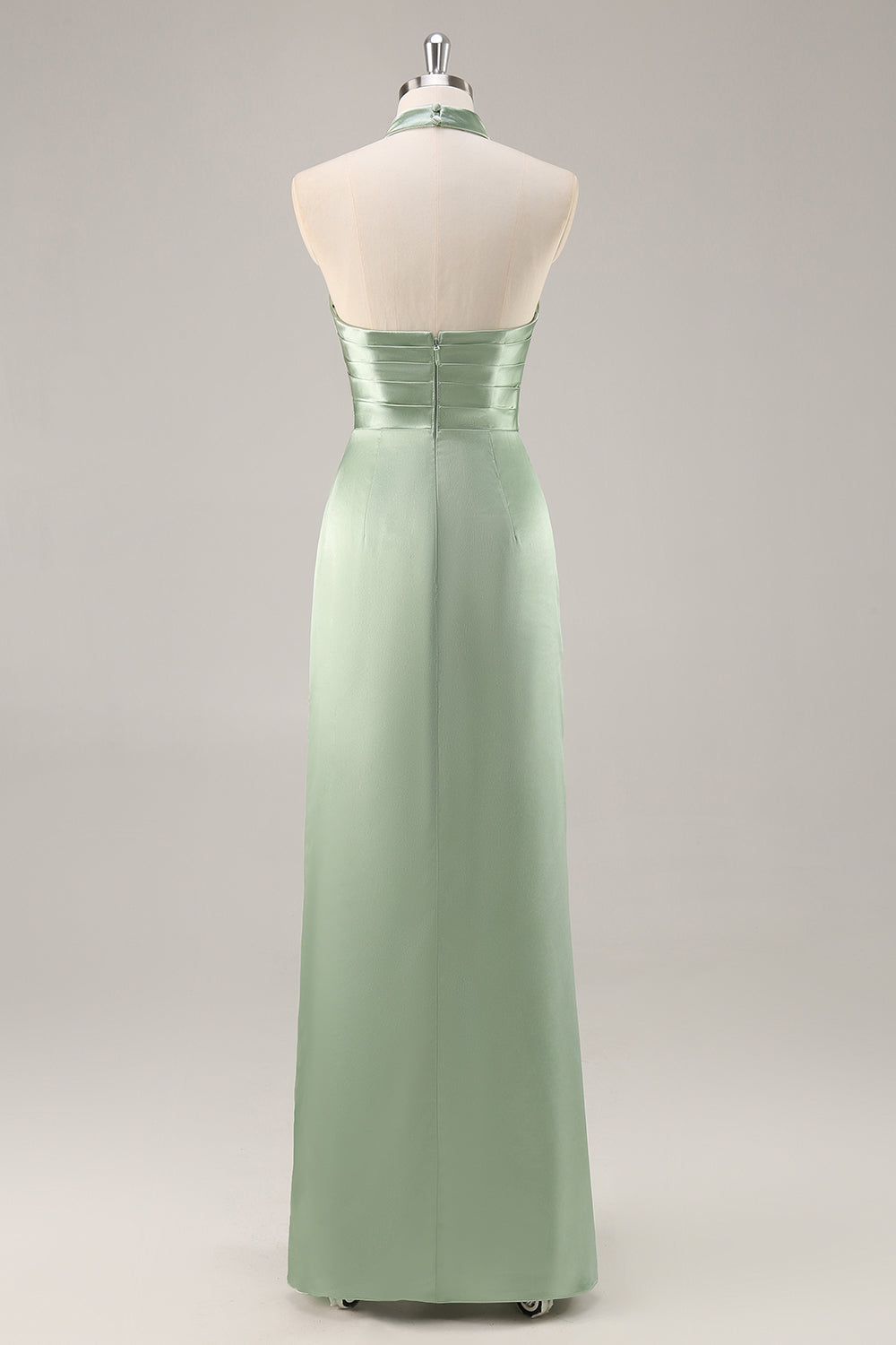 Sage Green Sheath Satin Ruched Backless Long Bridesmaid Dress with Slit