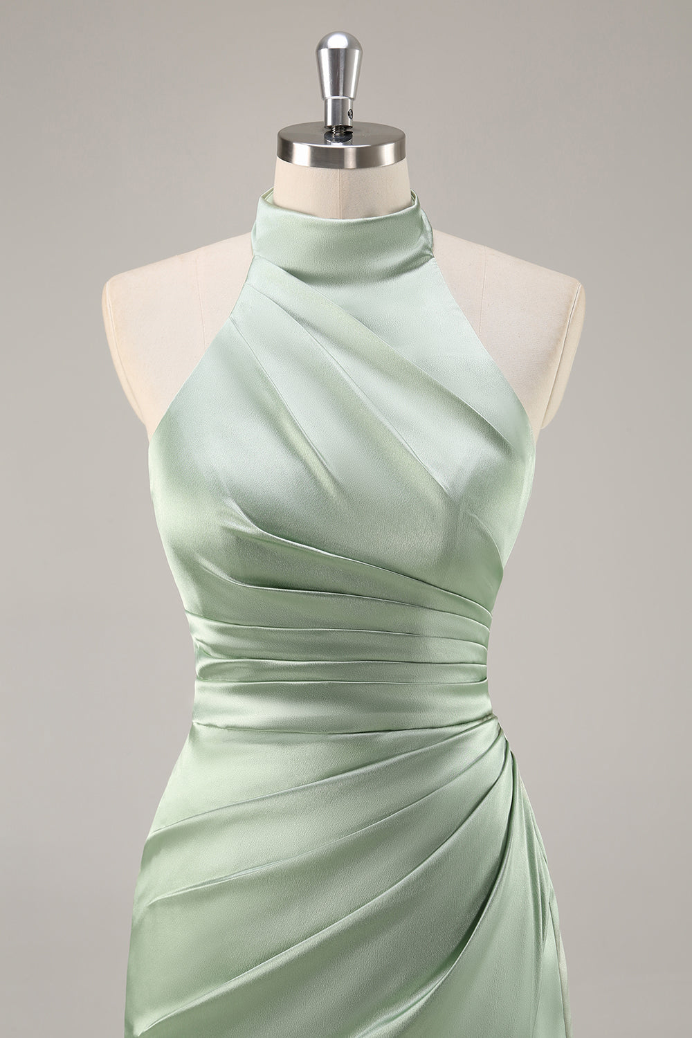 Blush Sheath Halter Satin Pleated Open Back Long Bridesmaid Dress with Slit