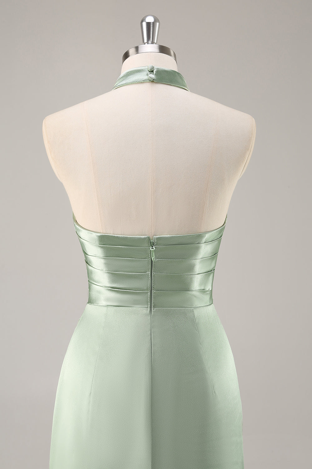 Blush Sheath Halter Satin Pleated Open Back Long Bridesmaid Dress with Slit