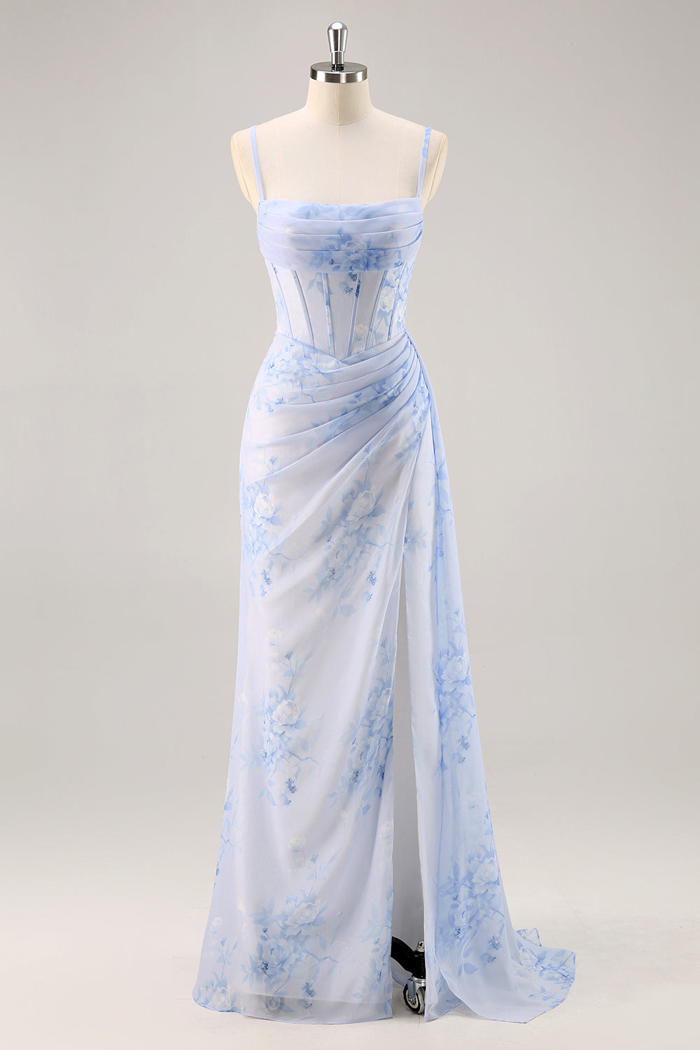 Blue Floral Mermaid Spaghetti Straps Corset Long Bridesmaid Dress with Streamer