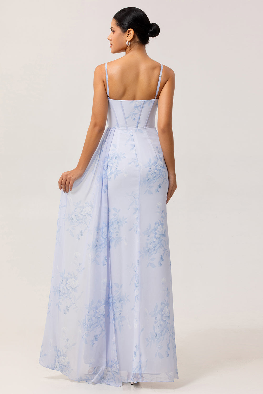 Blue Floral Mermaid Spaghetti Straps Corset Long Bridesmaid Dress with Streamer