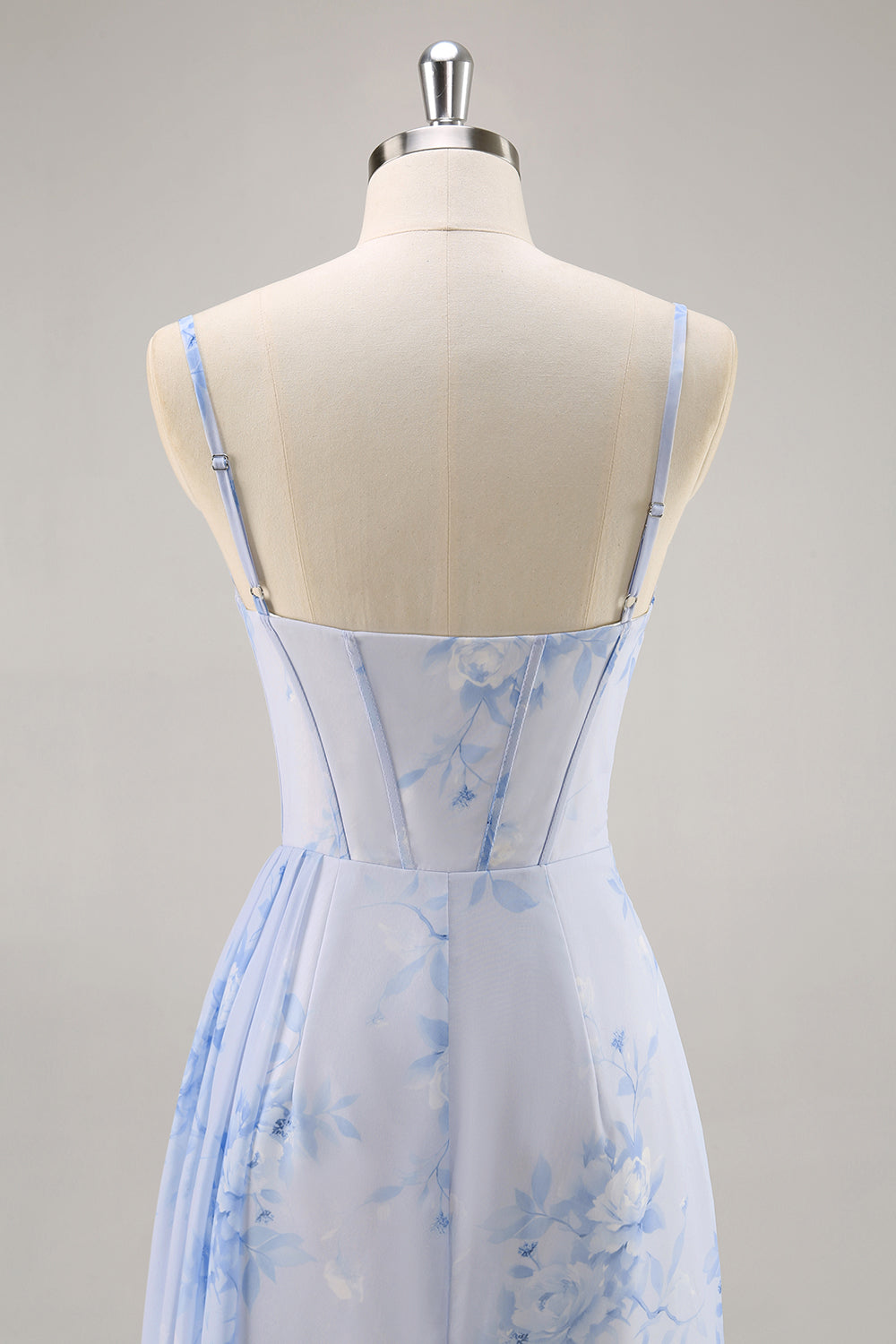 Blue Floral Mermaid Spaghetti Straps Corset Long Bridesmaid Dress with Streamer